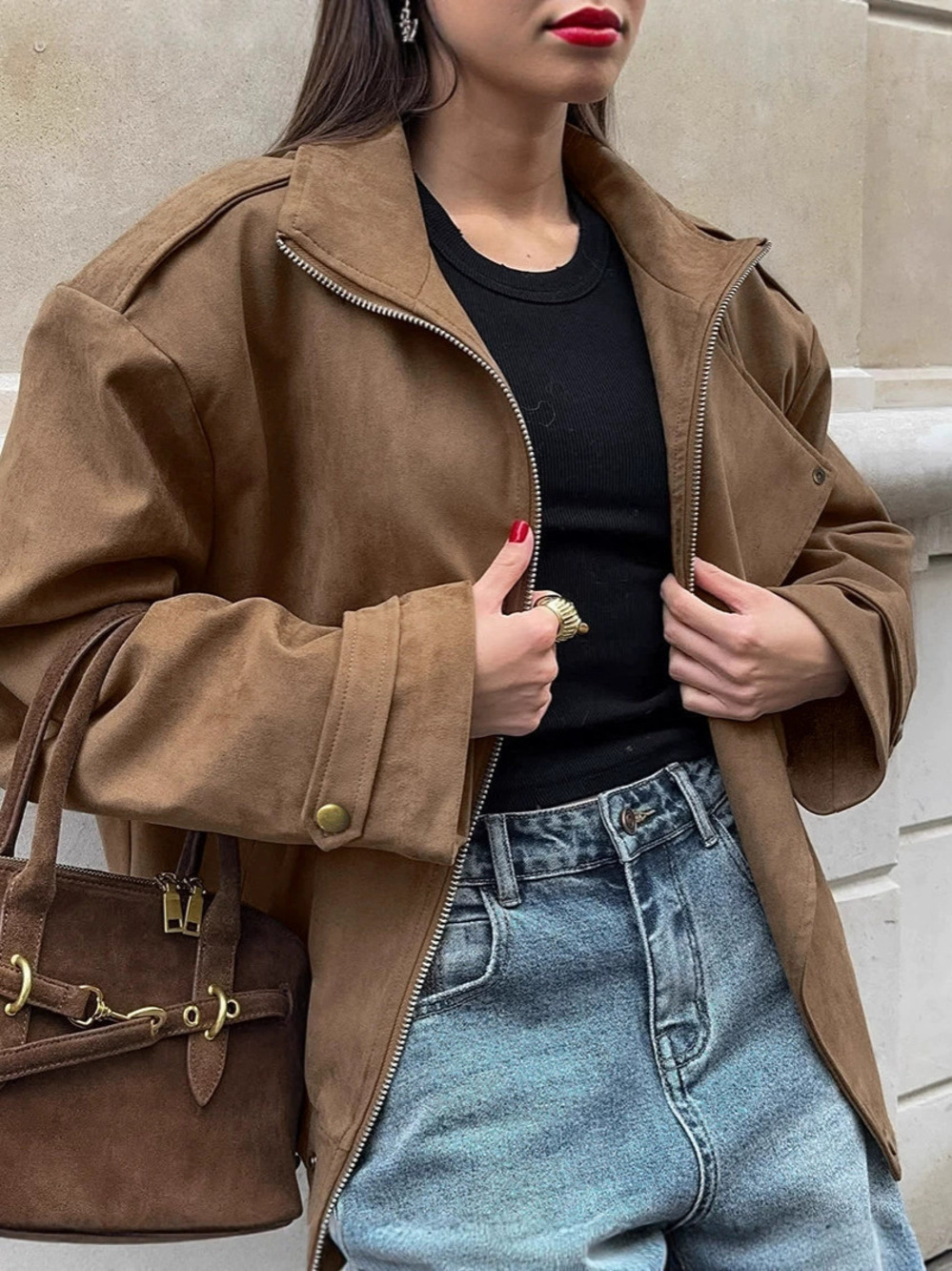 Forever 21 Maillard Vintage Suede Jacket Khaki Oversized Lapel Fall